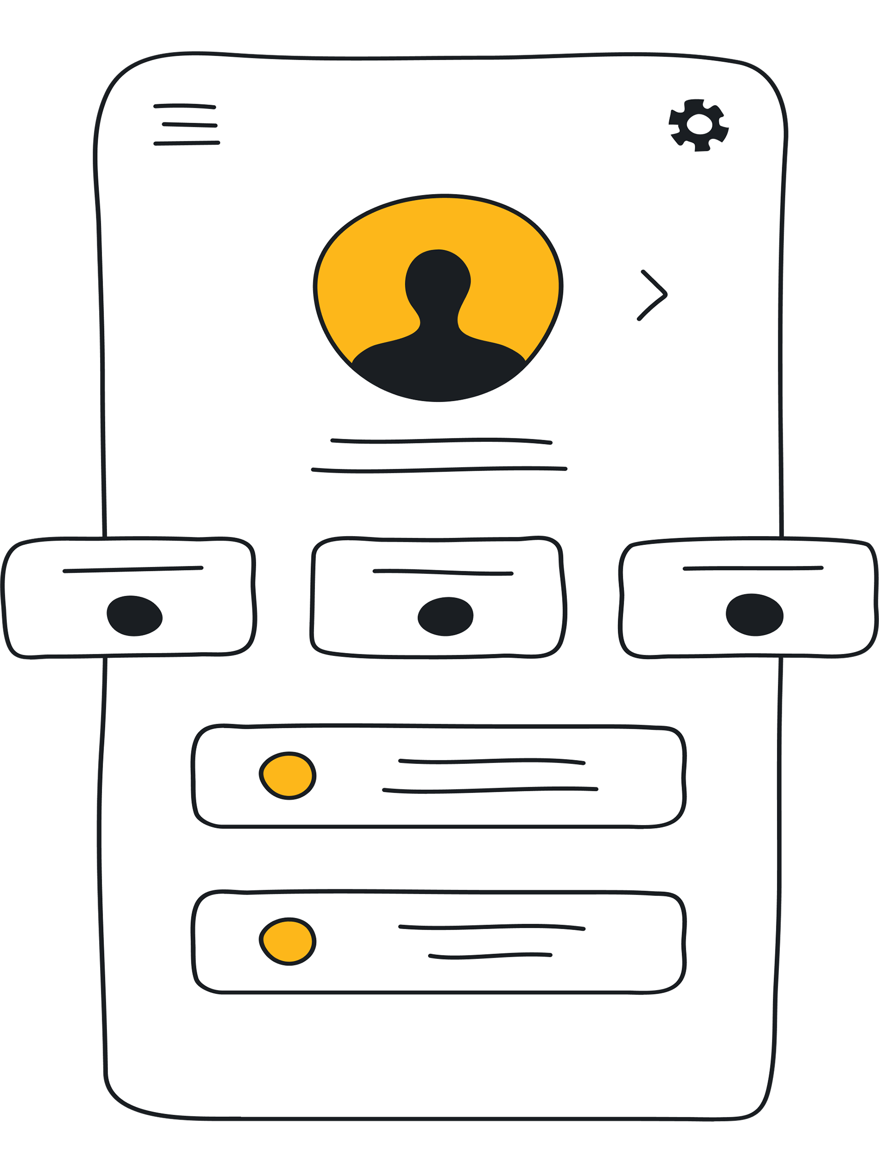 Illustration of a mobile interface with an avatar in a yellow circle at the top, and three horizontal navigation buttons below.