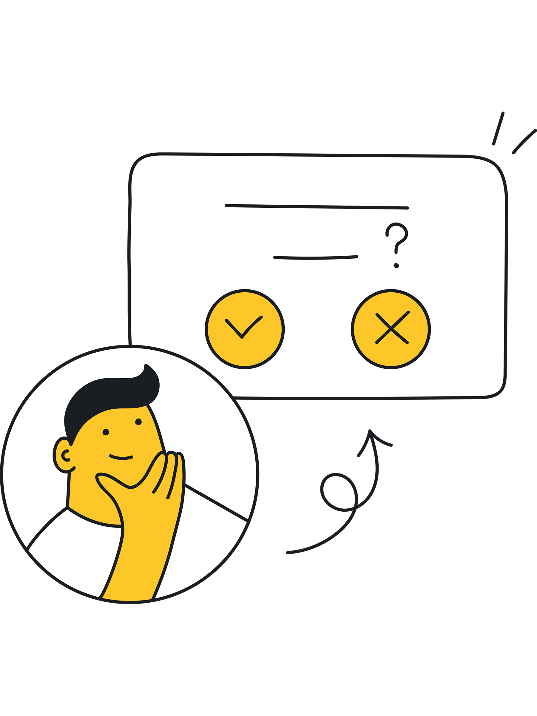 Illustration of a person with yellow skin and black hair contemplating a decision, with a thought bubble showing a check mark and an X